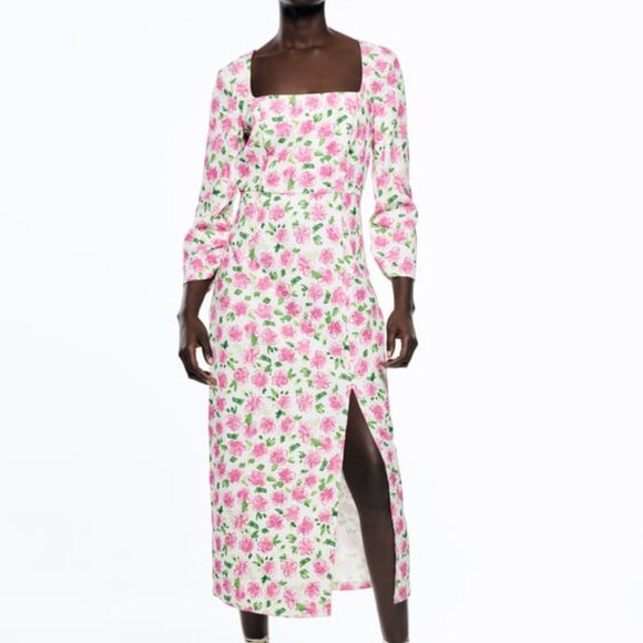 ZARA Floral Fitted Print Dolce Satin Like Sheath Midi Dress- Blogger Fav S - Picture 1 of 8